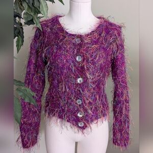 Y2K Women’s Handmade Fuzzy Eyelash Cardigan Sweater Pink Magenta Size M